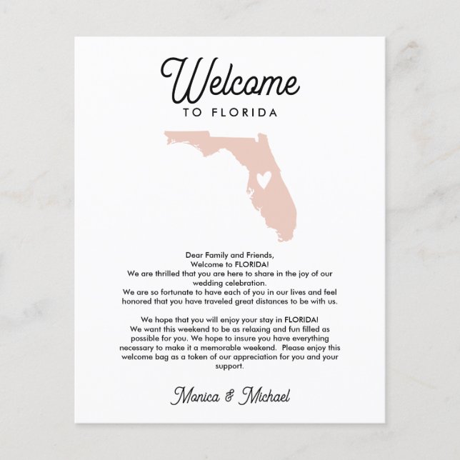 Welcome TO FLORIDA Letter & Itinerary ANY COLOR (Front)