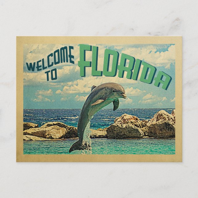 Welcome To Florida Postcard Dolphin Vintage Travel (Front)