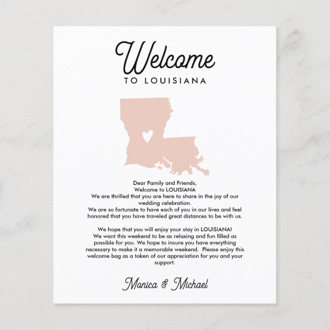 Welcome TO LOUISIANA Letter & Itinerary ANY COLOR (Front)