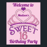 Welcome to My 16th Birthday Party Cute Custom Poster<br><div class="desc">Personalized pretty sweet sixteen birthday party sign with a pink tiara topped with a purple heart and your teenage girl's name inside of it. Cute Sweet Sixteen written in beautiful script for your princess who deserves a royal crown. Welcome to My Birthday Party signage.</div>