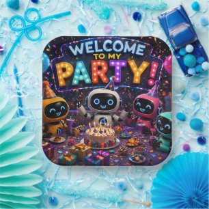 Welcome to my party, cute robots, large party plat paper plate