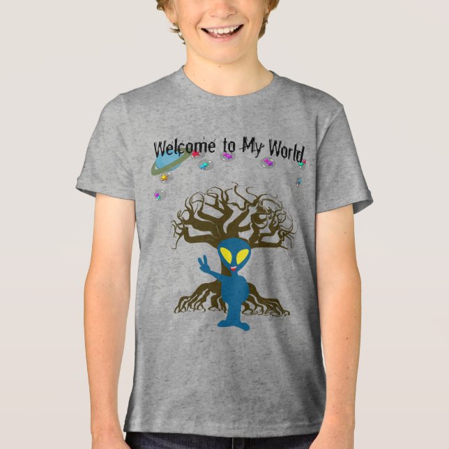 Welcome to my World Blue Alien Peace Sign Tri-Blend Shirt (Front)