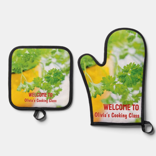 Welcome to Name’s Cooking Class Herb Art Oven Mitt & Pot Holder Set (Front)