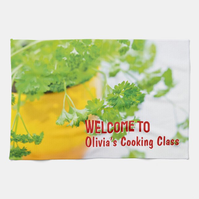 Welcome to Name’s Cooking Class Herb Art Tea Towel (Horizontal)
