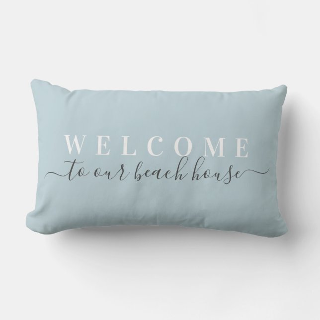 Welcome to Our Beach House Blue Lumbar Pillow (Front)
