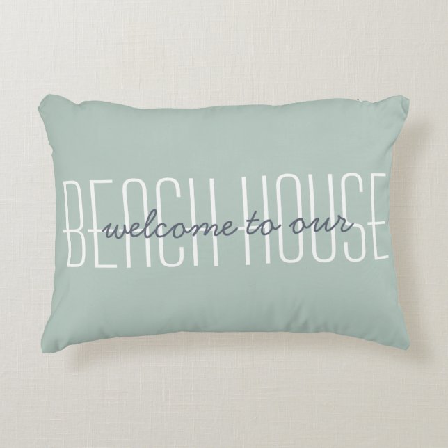 Welcome To Our Beach House Quote Green Decorative Decorative Cushion (Front)