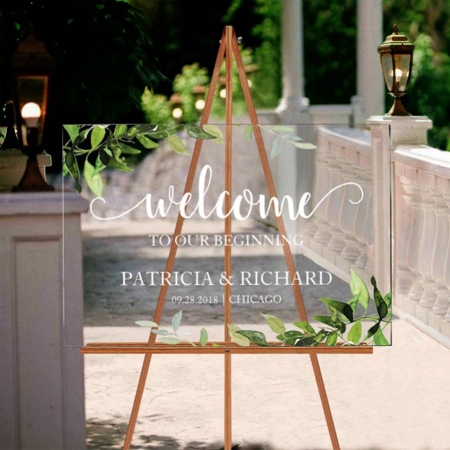 Welcome To Our Beginning Greenery Wedding Acrylic Sign (Creator Uploaded)