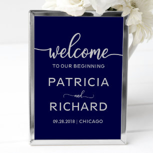 Welcome to our Beginning Navy Blue Silver Sign