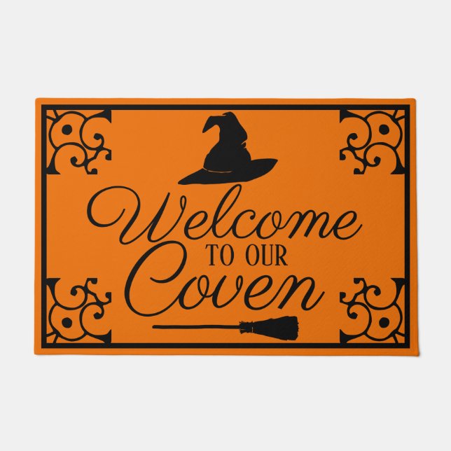 Welcome To Our Coven Witch Hat & Broom Doormat (Front)