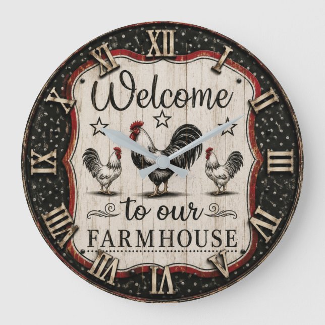 Welcome to Our Farmhouse Rustic Rooster & Hen  Large Clock (Front)