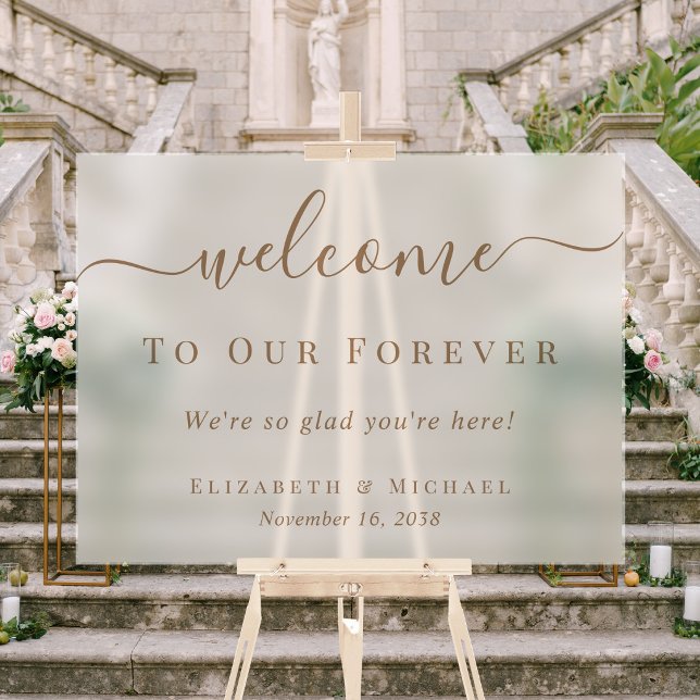 Welcome To Our Forever Gold Script Frosted Wedding Acrylic Sign (Welcome To Our Forever Gold Script Frosted Wedding Acrylic Sign)