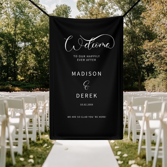 Welcome to our happily ever after! banner (Welcome to our happily ever after! Black + White Banner. Personalized with your name and date. )