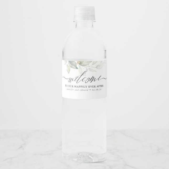 Welcome To Our Happily Ever After Greenery Water Bottle Label (Front)