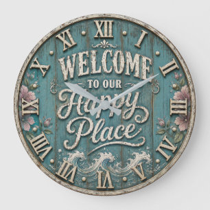 Welcome to Our Happy Place Coastal Farmhouse Large Clock