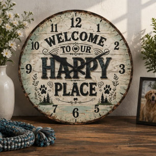 Welcome to Our Happy Place Rustic Farmhouse Large Clock