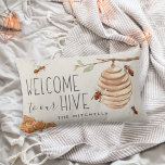 Welcome to Our Hive Personalised Lumbar Cushion<br><div class="desc">Welcome guests with this cute bee themed lumbar throw pillow featuring watercolor illustrations of honeybees,  honeycomb and a hive,  with "welcome to our hive" in ivory lettering. Personalise with your family name along the bottom.</div>