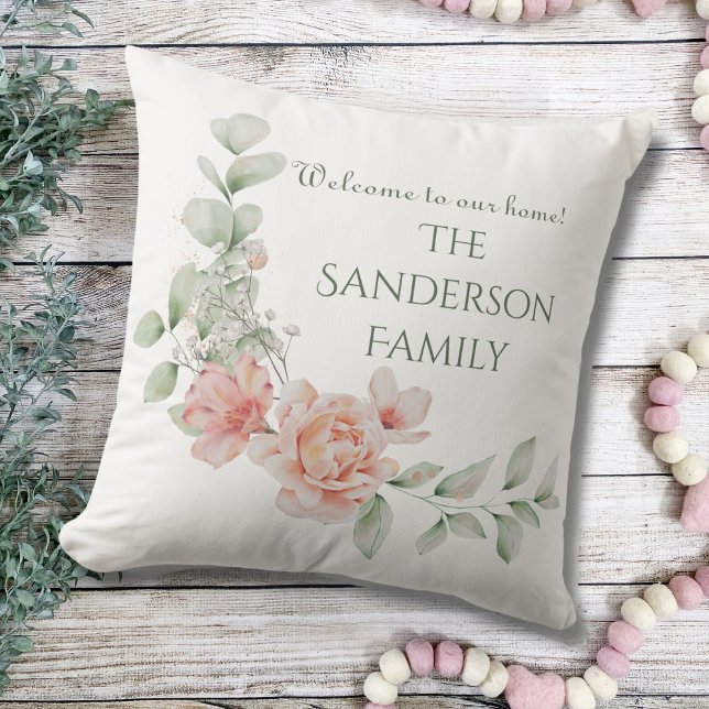 Welcome To Our Home Family Name Floral Watercolor  Cushion (Welcome to Our Home Family Name Summer Porch Decor Outdoor Pillow)