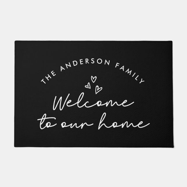 Welcome to our home modern script black and white  doormat (Front)