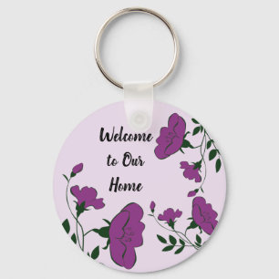Welcome to Our Home Purple Floral Rental Guest Key Ring