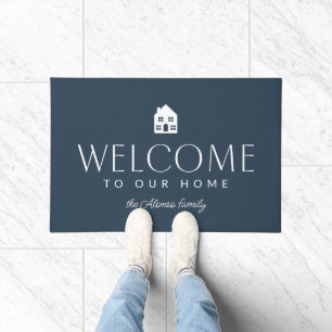 Welcome to our home simple stylish navy doormat