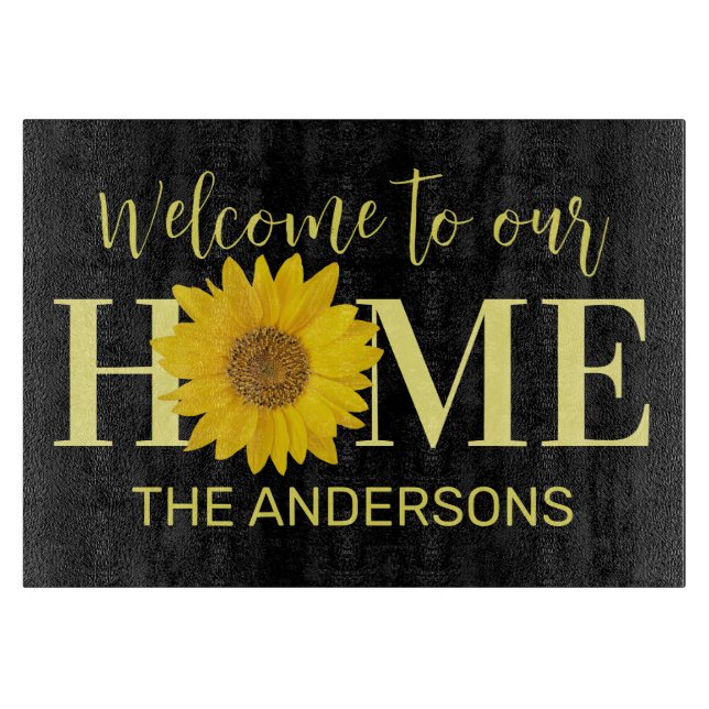 Welcome to Our Home Sunflower Black Custom Cutting Board (Front)