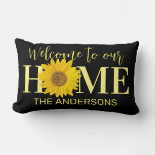 Welcome to Our Home Sunflower Name Black Lumbar Cushion