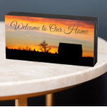 Welcome to Our Home Sunset Silhouette Wooden Box Sign<br><div class="desc">Black painted,  wooden box sign designed for hanging or standing that features the photo image of a dramatic sunset with colourful sky and a black house silhouette along with the words "Welcome to Our Home."</div>