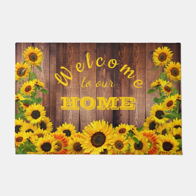Welcome to our Home Yellow Sunflowers Rustic Wood  Doormat (Front)