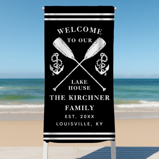 Welcome To Our Lake House Family Monogram Black Beach Towel (Creator Uploaded)