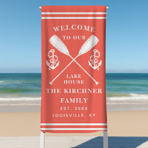 Welcome To Our Lake House Family Monogram Coral Beach Towel