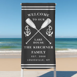 Welcome To Our Lake House Family Monogram Grey Beach Towel