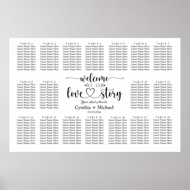 Welcome to our Love Story 18 Table Wedding Seating Poster (Front)