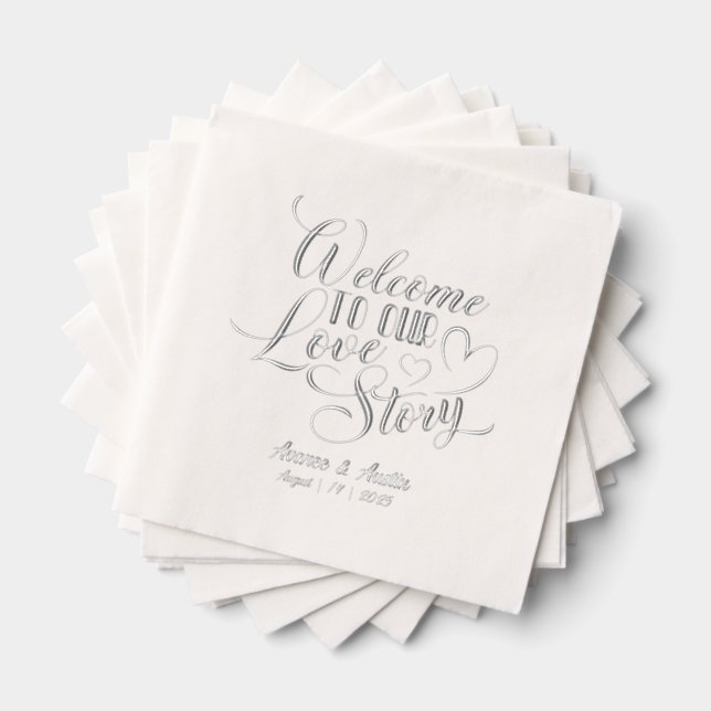 Welcome To Our Love Story Wedding Foil Napkins (Insitu (Stacked))