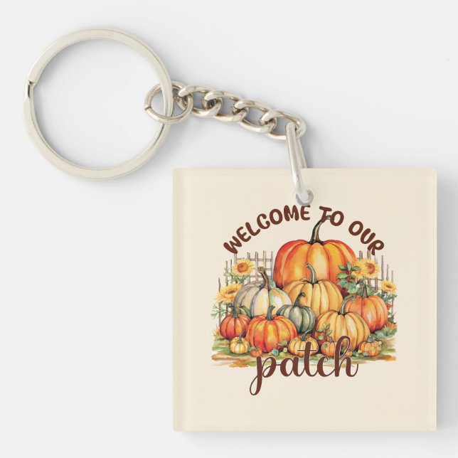 Welcome to Our Patch – Cosy Pumpkin Patch Key Ring (Front)