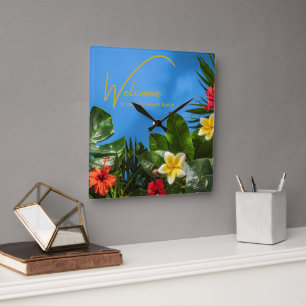 Welcome to our Retirement Home Tropical Themed Square Wall Clock
