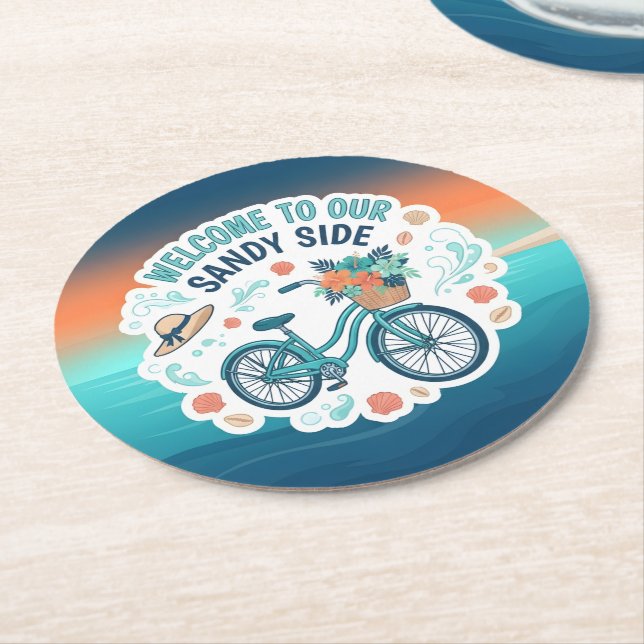 Welcome To Our Sandy Side Round Paper Coaster (Angled)