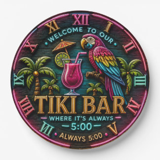 Welcome to Our Tiki Bar Neon Tropical Parrot Paper Plate