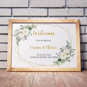 Welcome to our wedding, floral & gold geo shape poster