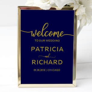Welcome to our Wedding   Gold Navy Blue Sign