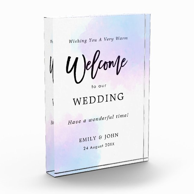 Welcome To Our Wedding Pastel Lilac Watercolor Photo Block (Left)
