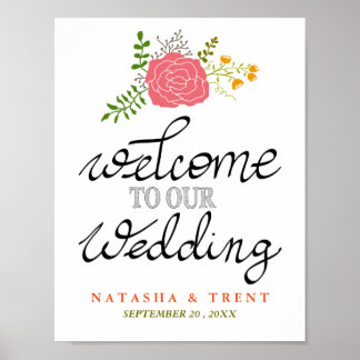 Welcome To Our Wedding Pink Flower Calligraphy Poster