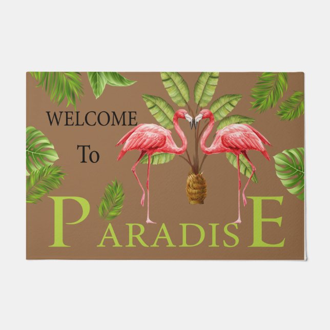 Welcome To Paradise Doormat, Pink Flamingo Couple Doormat (Front)
