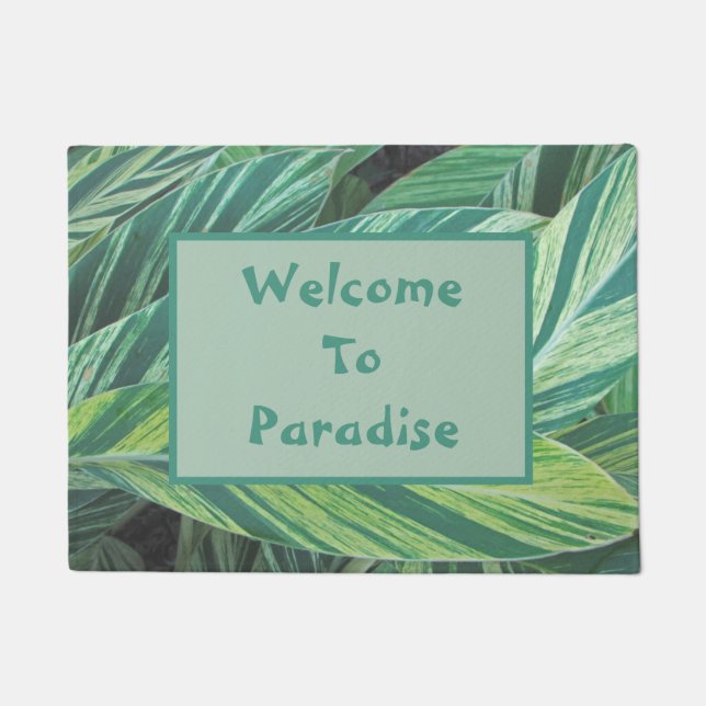 Welcome to Paradise Island Green Tropical Leaves Doormat (Front)