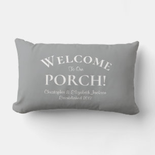 Welcome to Porch Custom Family Names Trendy Grey Lumbar Cushion