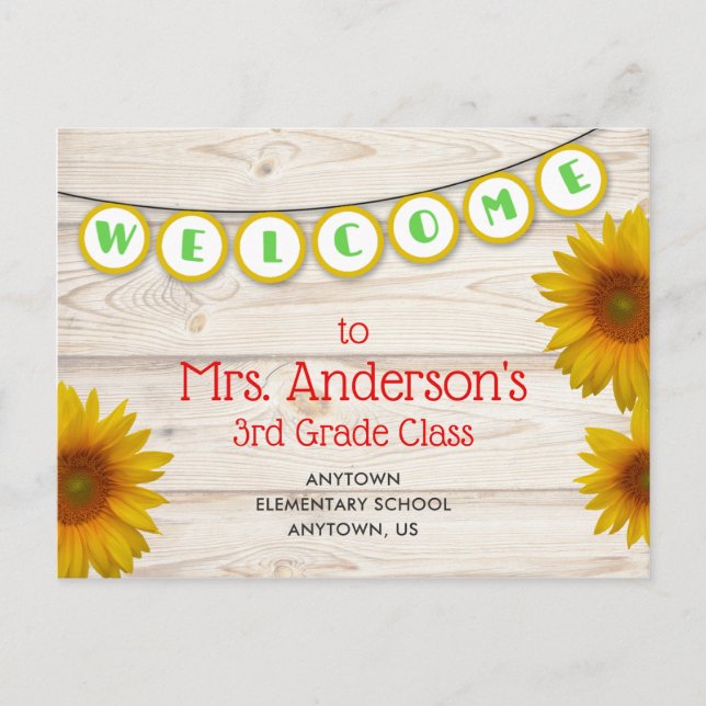 Welcome to Teacher's Class Yellow Daisies Rustic Postcard (Front)