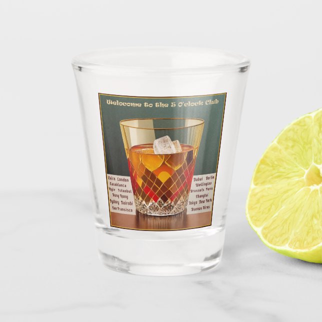 Welcome to the 5 O'clock Club Mid Century Design Shot Glass (Front)
