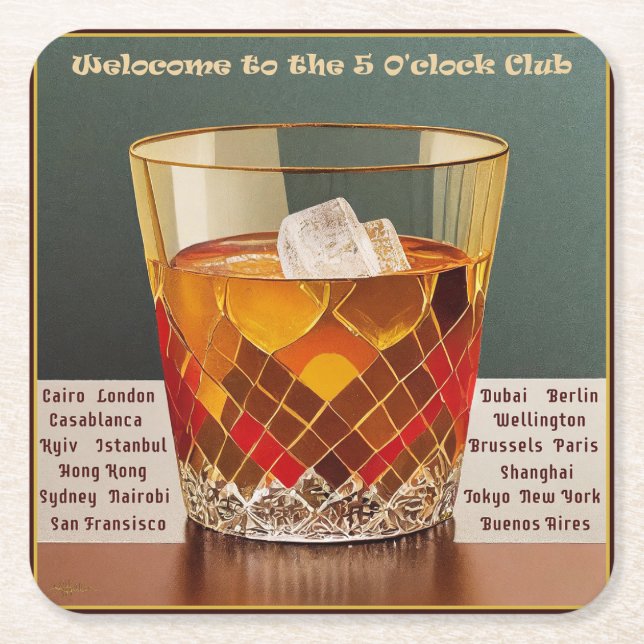 Welcome to the 5 O'clock Club Mid Century Design Square Paper Coaster (Front)