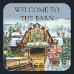 Welcome to the Barn Sticker Winter/Christmas<br><div class="desc">Evergreen Winter/Christmas Barn 3" Square Sticker. Beautiful historic barn with century old stained glass adorning the front. Decorated for winter and Christmas weddings and party fun for friends, family. Buffalo and Yak stand in the distance. Use the existing message or personalise the card with your own message and family's or...</div>