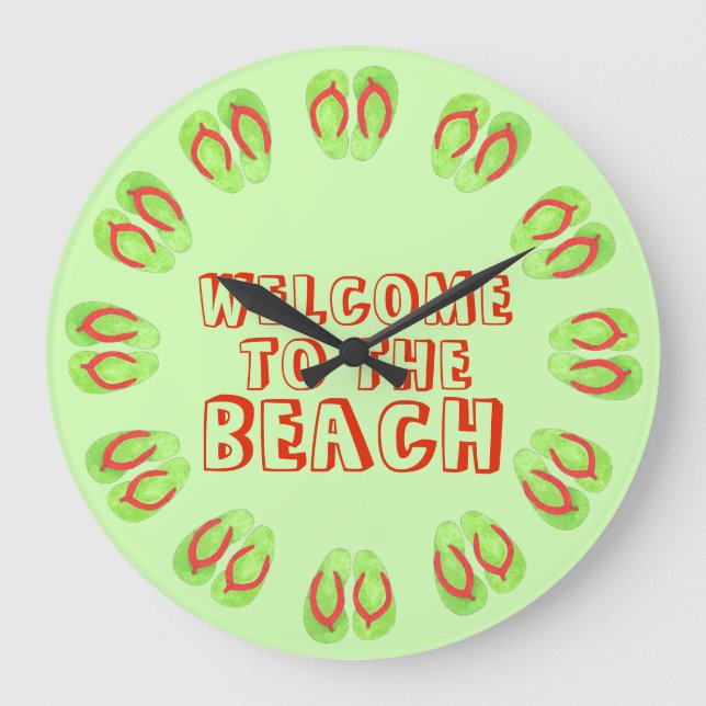 Welcome to the Beach Green Flip Flops Vacation Large Clock (Front)