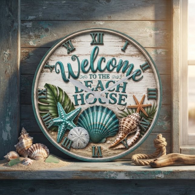 Welcome to the Beach House Rustic Sea shell Beach  Large Clock (Creator Uploaded)